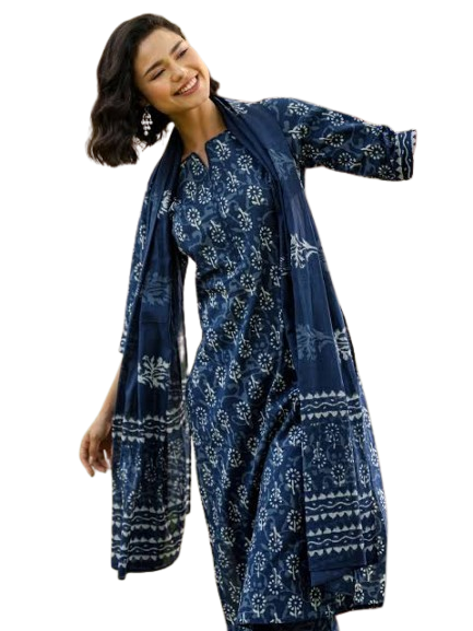 Women's Indigo Block Print Kurta Set with Dupatta