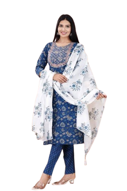 Women's Printed Blue Kurta Set with Embroidered Yoke and Floral Dupatta