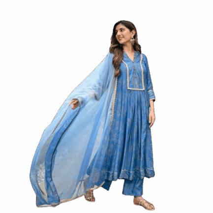 Women's Printed Blue Anarkali Kurta Set with Dupatta