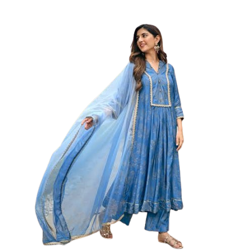 Women's Printed Blue Anarkali Kurta Set with Dupatta