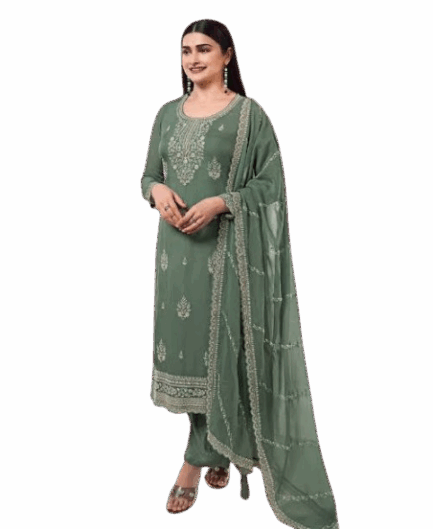 Women's Green Embroidered Salwar Suit with Dupatta