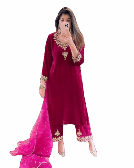 Women's Maroon Velvet Embroidered Salwar Suit