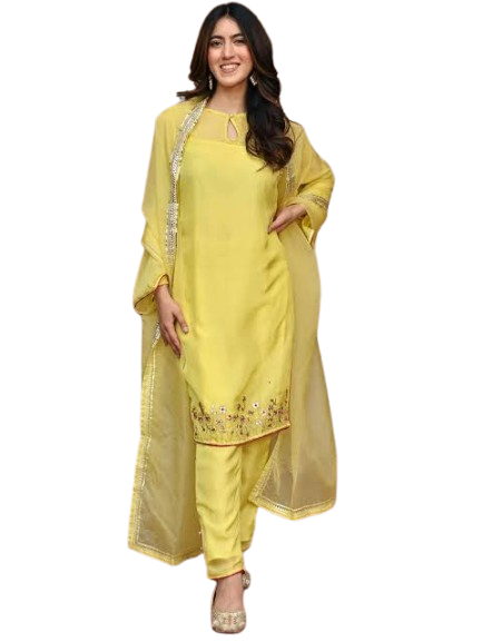 Women's Yellow Kurti with Pants and Dupatta Set