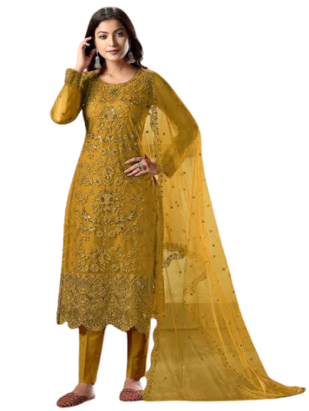 Women's Heavy Embroidered Net Kurti with Dupatta and Pants Set