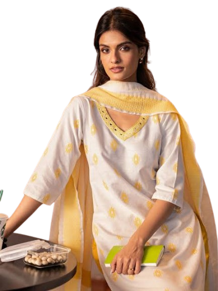 Women's White and Yellow Printed Kurti with Dupatta Set