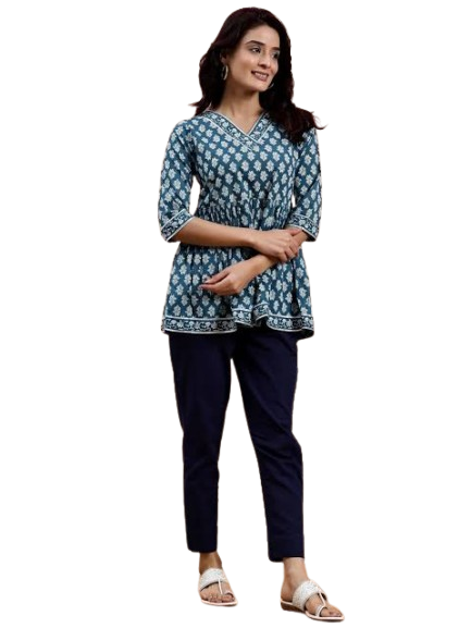 Women's Blue Printed Peplum Kurti with Pants