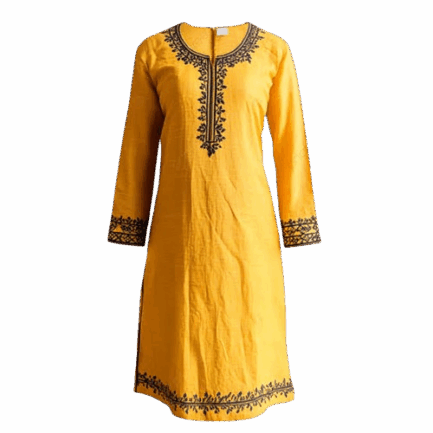 Yellow Cotton Kurti with Black Embroidery Work