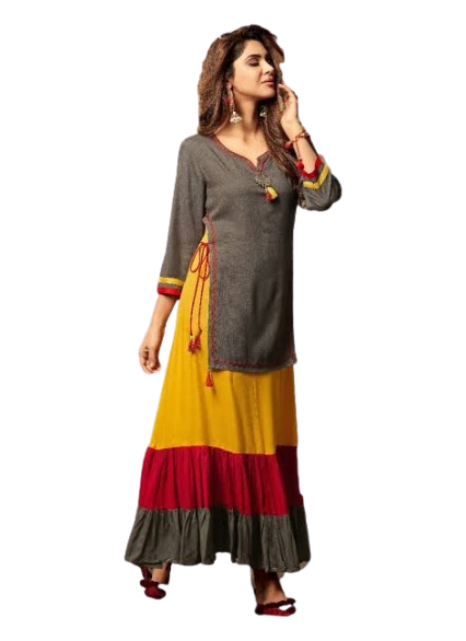 Stylish Color Block Kurti with Tiered Skirt Set