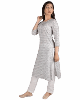 Women’s White Printed Straight Kurti with Pants