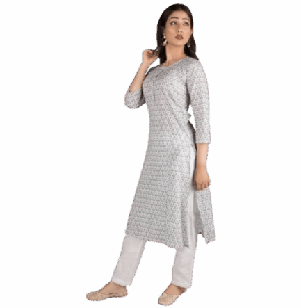 Women's White Printed Straight Kurti with Pants