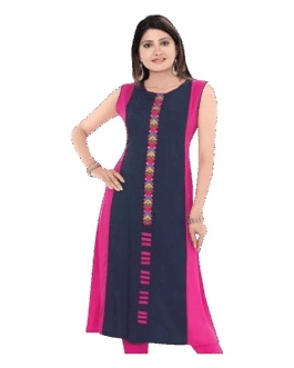 Women’s Navy Blue & Pink Embroidered Rayon A-Line Kurta