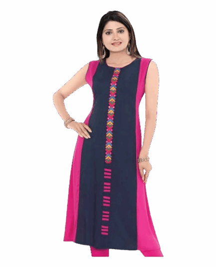 Women's Navy Blue & Pink Embroidered Rayon A-Line Kurta