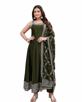 Women’s Olive Green Anarkali Kurta with Embroidered Dupatta