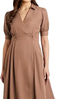 Women’s Elegant Midi Wrap Dress with Puff Sleeves – Coffee Brown