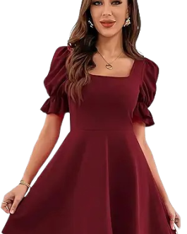 Women’s Elegant Puff Sleeve A-Line Mini Dress – Wine Red