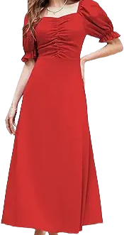 Women’s Elegant Square Neck Puff Sleeve Midi Dress – Red