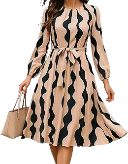 Women’s Long Sleeve A-Line Midi Dress with Belt – Beige & Black Wave Print