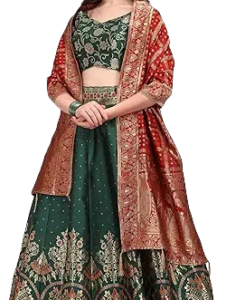 Dark Green Embroidered Lehenga Choli with Red Banarasi Dupatta