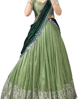 Designer Green Silk Lehenga Choli with Contrasting Dark Green Dupatta