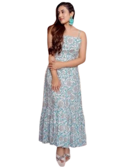 Hand Block Print Cotton Tiered Maxi Dress with Spaghetti Straps