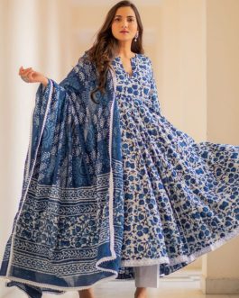 Girl Suit Blue Printed Rayon Anarkali Kurti Set For Woman