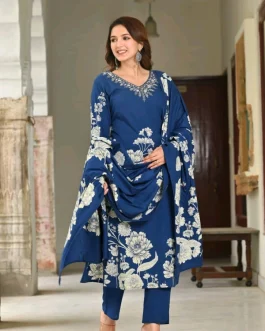 Blue Cotton Printed Kurti Pant Set With Dupatta for Women