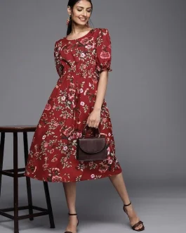 Maroon & White Floral Print Fit and Flare Midi Dress