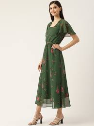 Deewa Forest Green Floral Print Midi Dress