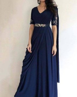 Navy Blue Long Georgette Gown With Embroided Sleeves and Belt Indo Western Drape Dupatta Dress Long Gown