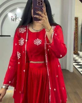 Stylish Red Color Georgette Embroidery With Shrug Lehenga Choli