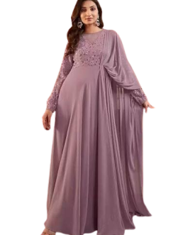 Elegant Mauve Sequined Georgette Gown with Draped Shoulder