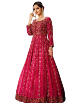 Luxurious Fuchsia Embroidered Anarkali Gown with Full Sleeves