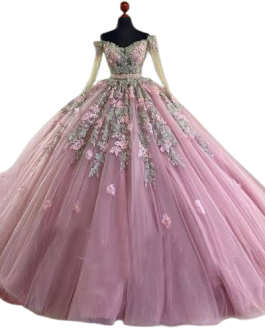 Luxury Pink Floral Applique Off-Shoulder Ball Gown